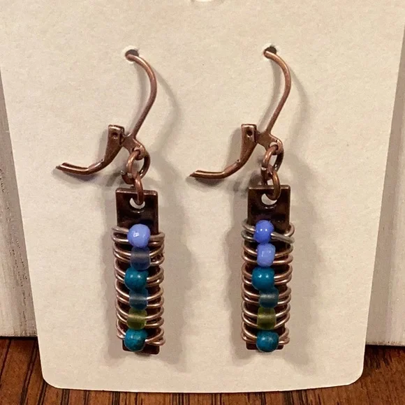 Wrapped Beaded Copper Earrings - Picture 2 of 3